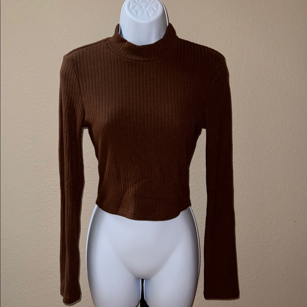 OGL Chocolate Ribbed Cropped Mock Neck Sweater Brown Women’s Size Large